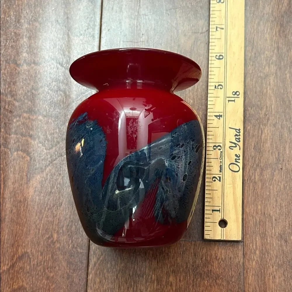 Michael Nourot Vintage Red Art Glass Vase with Colored Swirl, Signed by Artist